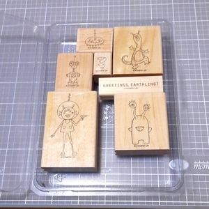 Greetings, Earthling! Rubber stamp set wood mounted.